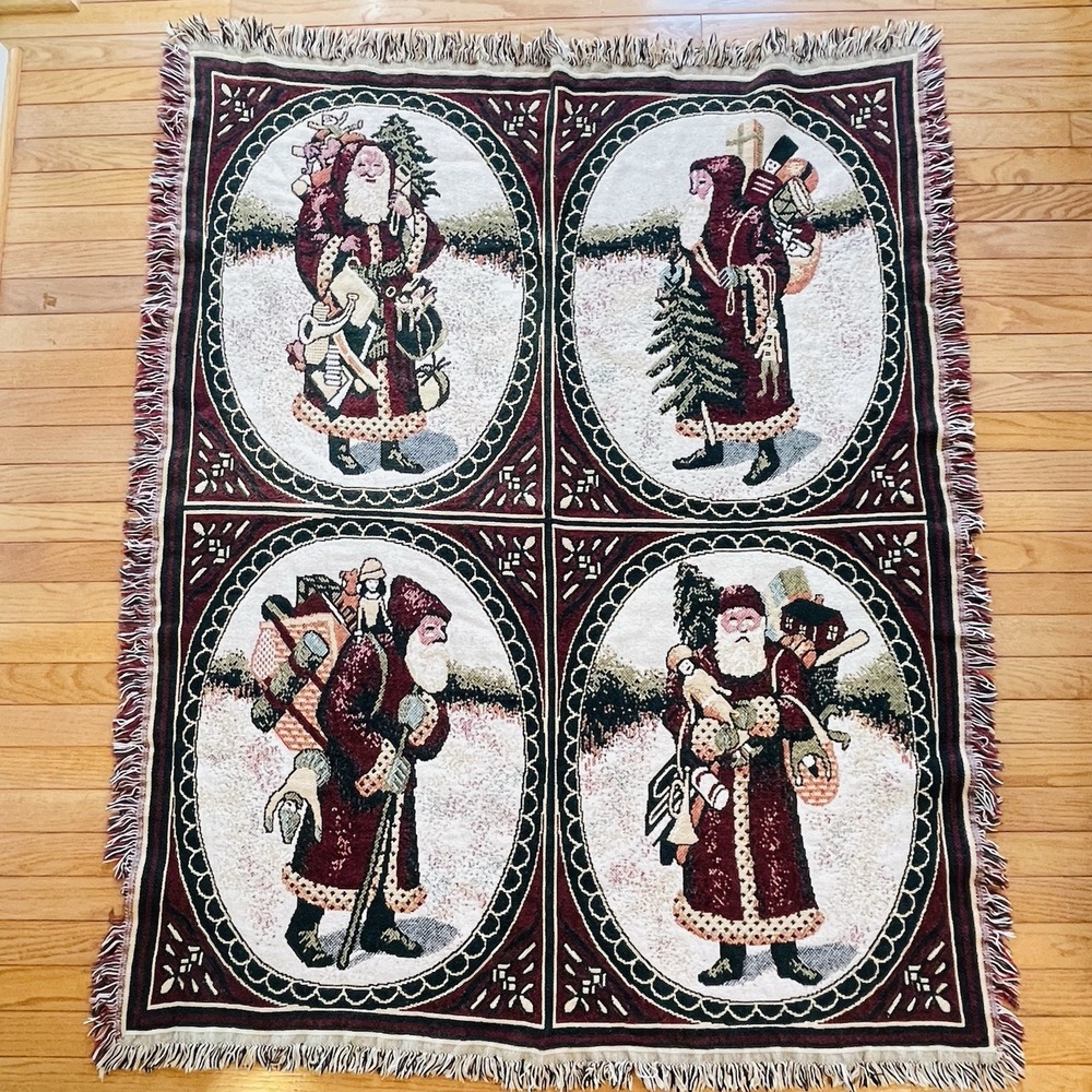 Vtg Tapestry Throw Blanket Christmas Mr Santa Claus Cotton‎ 50x60 READ